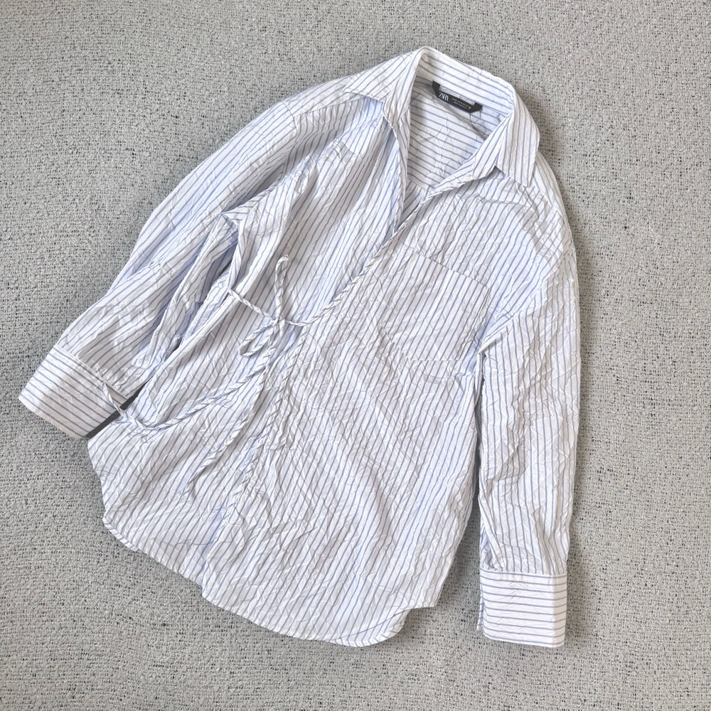 Zara Light Blue Tie Front Pinstripe Shirt M